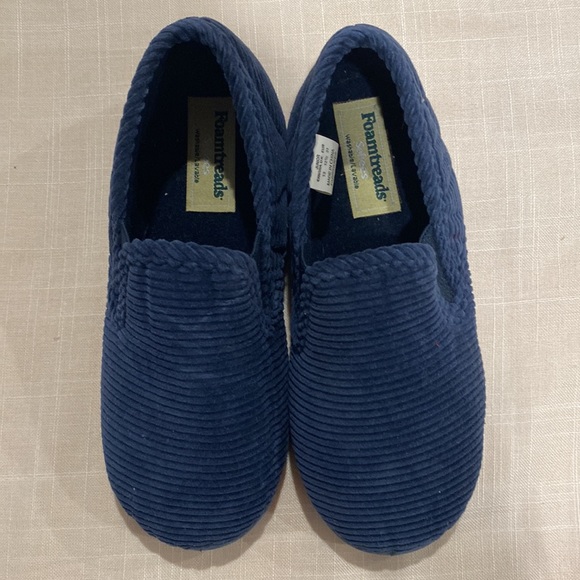New Foamthreads Navy corduroy slippers  red rubber sole for little boys Sz 13 - Picture 2 of 16